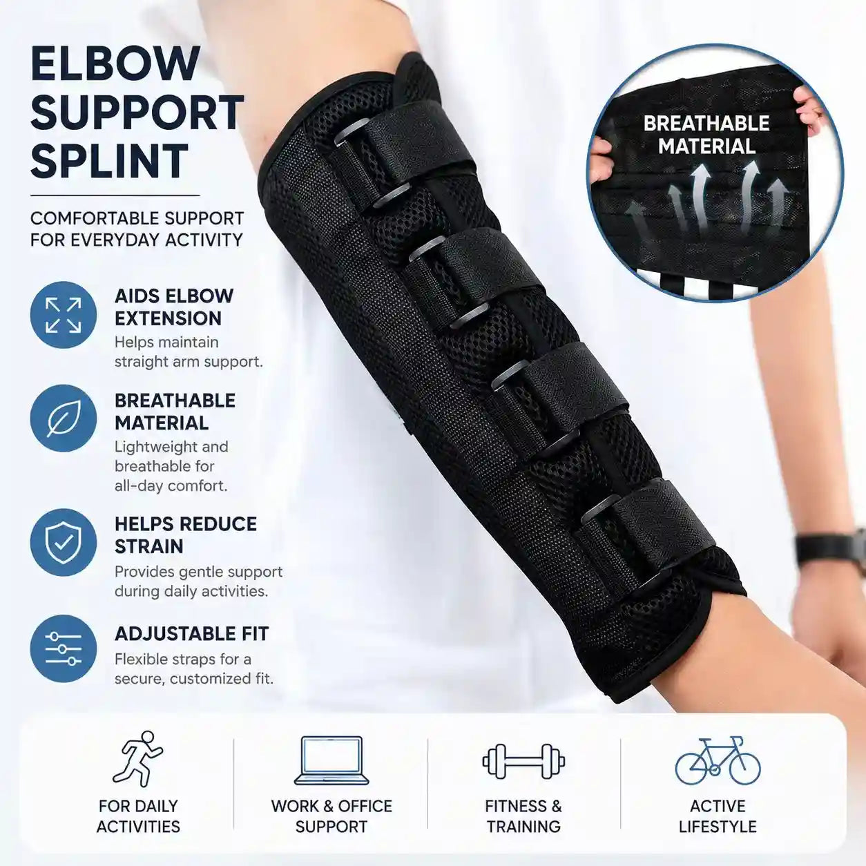 Adjustable Elbow Support Splint – Breathable Forearm Brace with Secure Strap Design