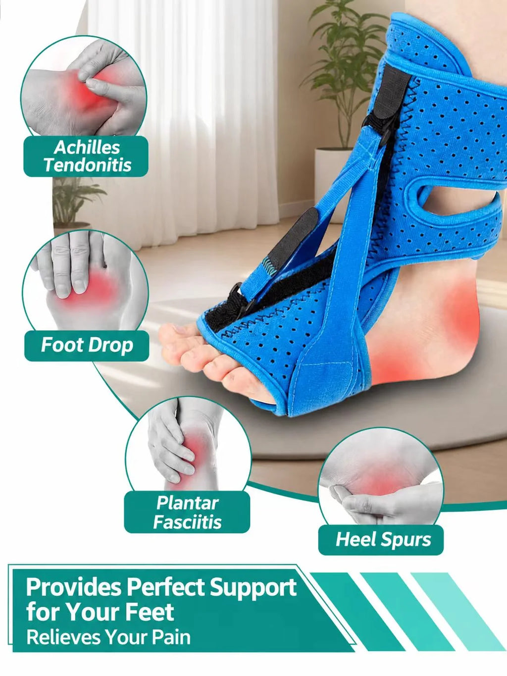 Adjustable Three-Strap Foot Drop Support Brace for Night & Home Use