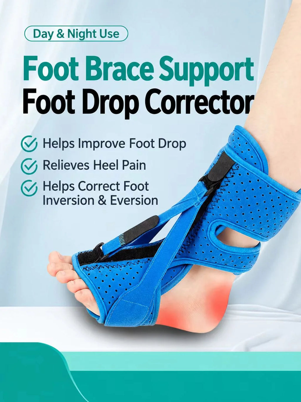 Adjustable Three-Strap Foot Drop Support Brace for Night & Home Use