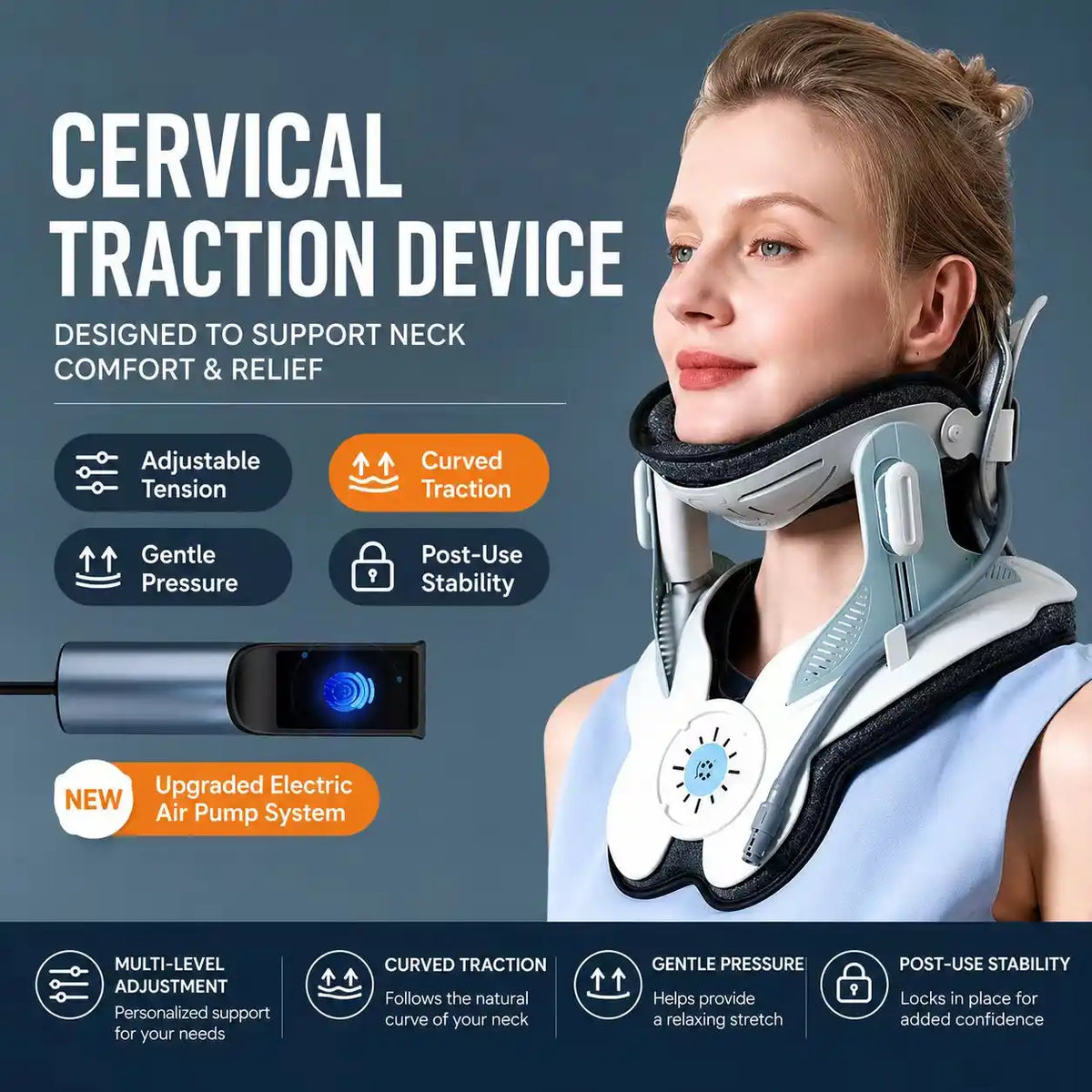 Electric Air-Powered Adjustable Neck Support & Stretching Brace with 3-Point Traction