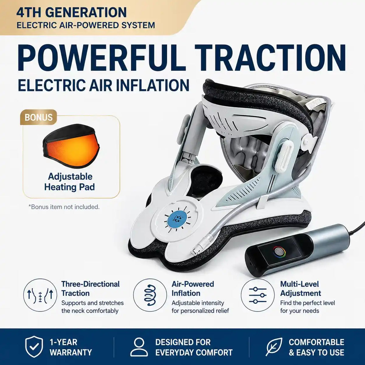 Electric Air-Powered Adjustable Neck Support & Stretching Brace with 3-Point Traction